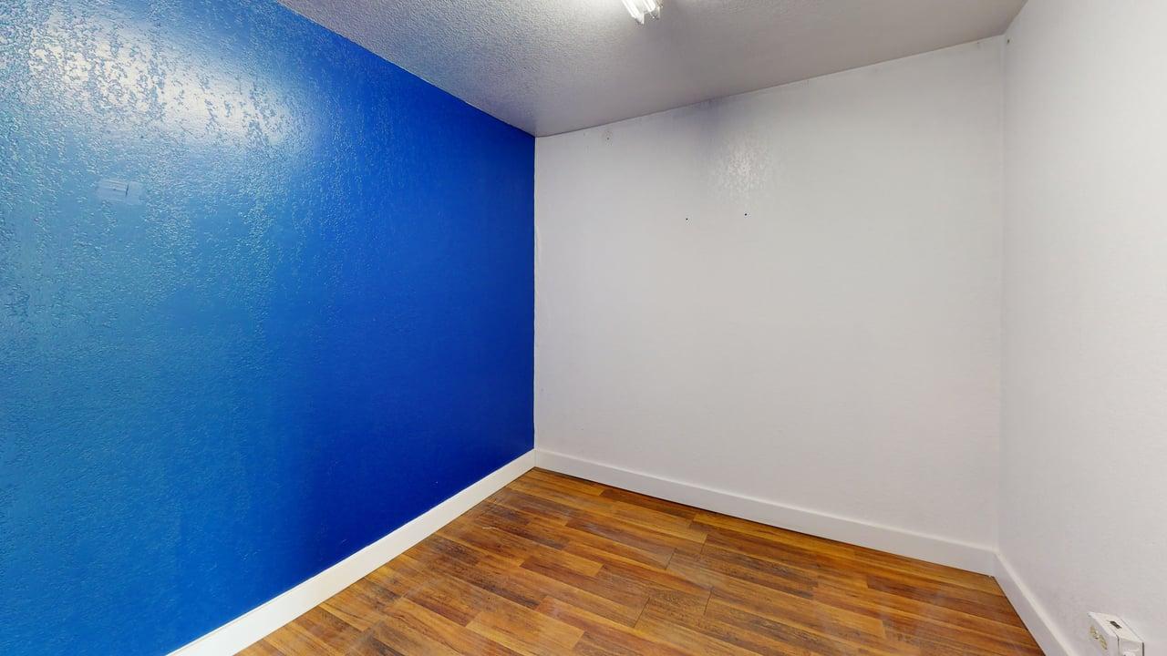 Room with hardwood floor and bright feature wall
